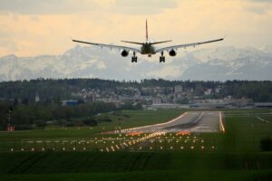 Airplane in flight on runway
